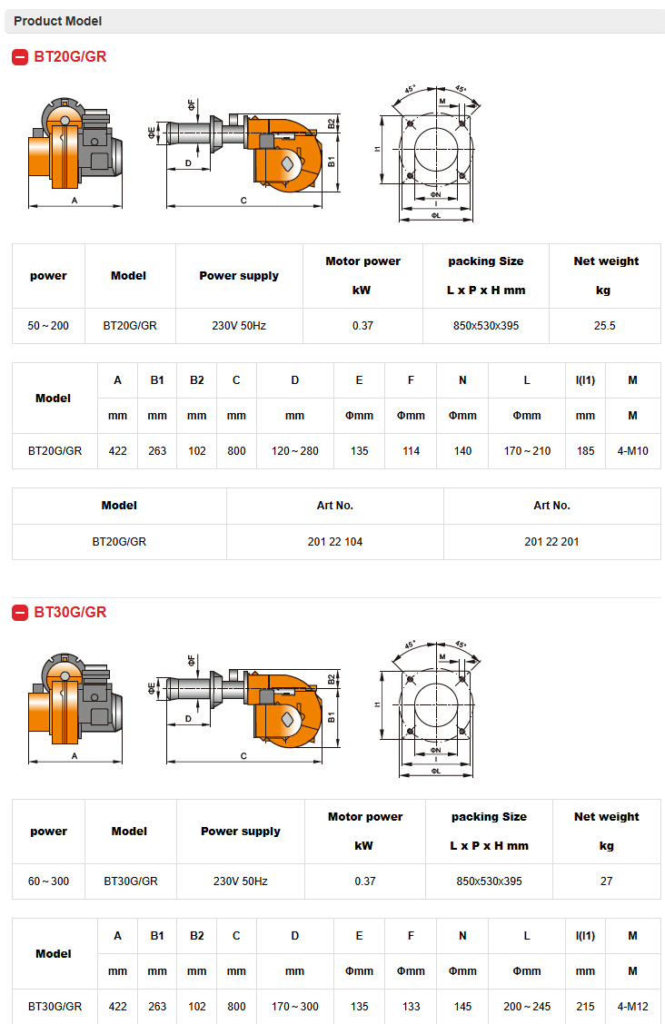 TEKNIKAL DATA BURNER BAITE BT20/ BT30 G/GR