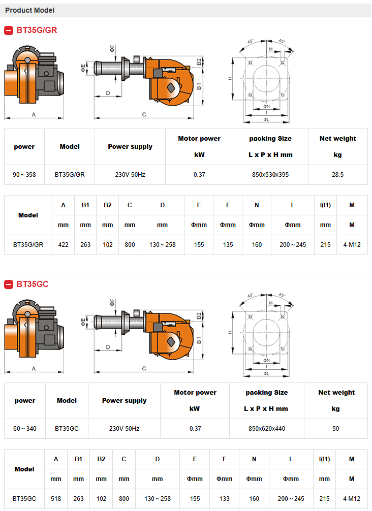 TEKNIKAL DATA GAS BURNER BAITE BT 35 G/GR/GC